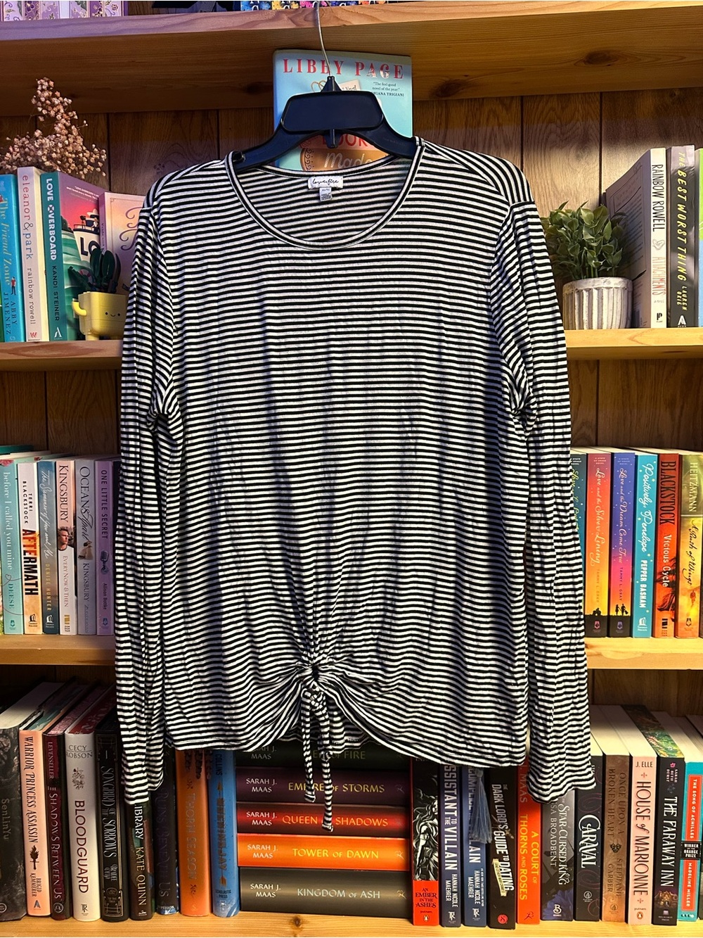 love, Fire Black & White Striped Long-Sleeve Knot Front Top